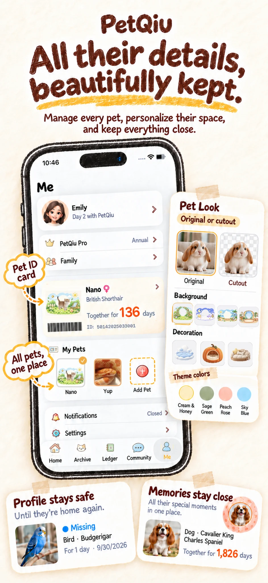 PetQiu's English My Pets area showing more than one pet profile