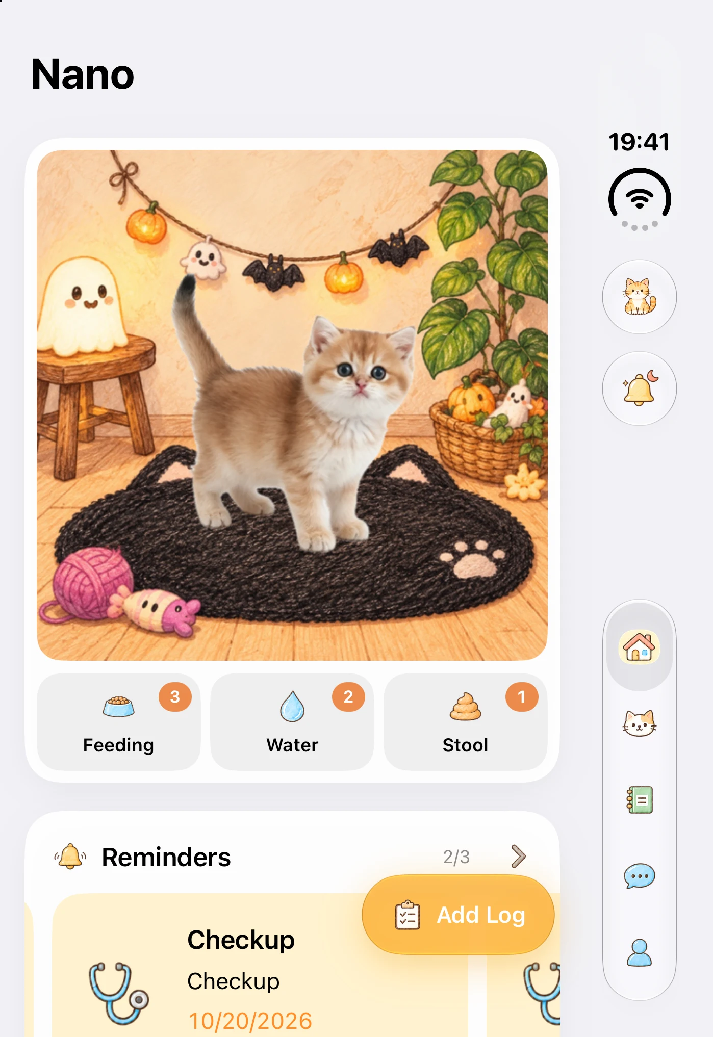 PetQiu's English home screen with a cat's room, daily logs and a care reminder